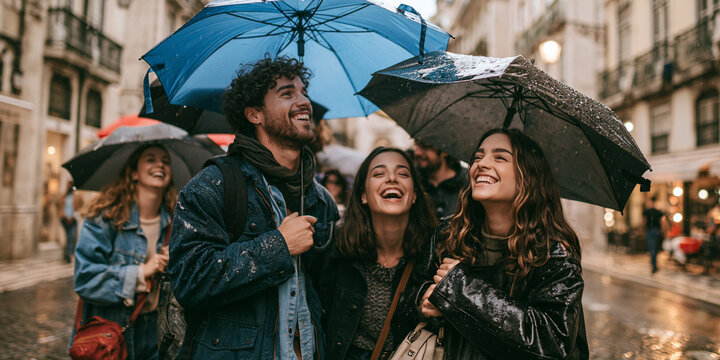 A group of diverse friends enjoying a rainy day walk together under umbrellas, laughing and smiling despite the weather.