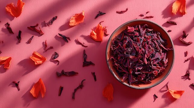 Bowl of dried hibiscus tea leaves and red flower petals on a pink background