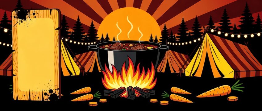 Pot of stew cooking over a campfire at a wilderness campsite. Stylized cartoon illustration featuring a sunset and forest. Outdoor adventure theme, ideal for travel and camping marketing.