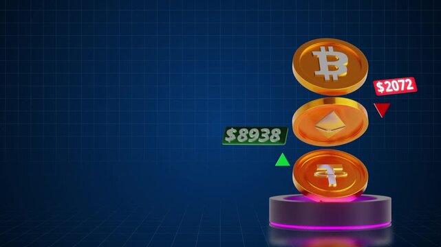 cryptocurrency bitcoin coins popping on dark blue grid background 4k footage
