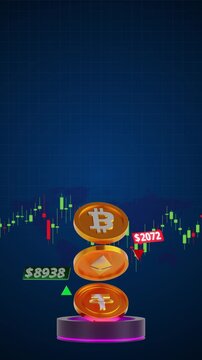 vertical cryptocurrency coins above trading chart for financial crypto market concept