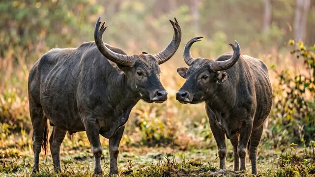 two kouprey close up at morning light in cambodia tropical grassland video