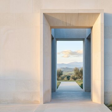 Stone doorway framing rolling Tuscan hills with olive trees under a soft sky