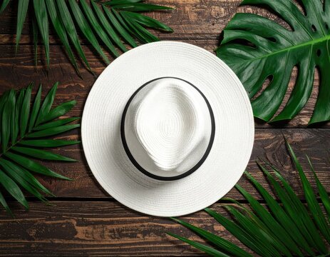 A white sun hat rests on a dark wooden surface surrounded by lush green tropical leaves.