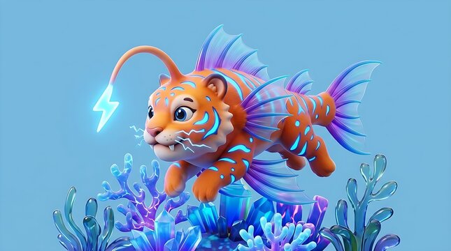 3d fantasy tiger fish hybrid swimming over crystal coral reef