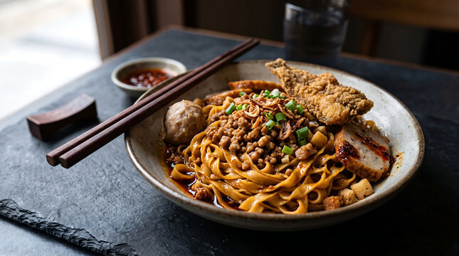 Spicy Bak Chor Mee Minced Pork Noodles with Meatball Crisp Sole Fish and Chili Vinegar Sauce Close Up Food Photography
