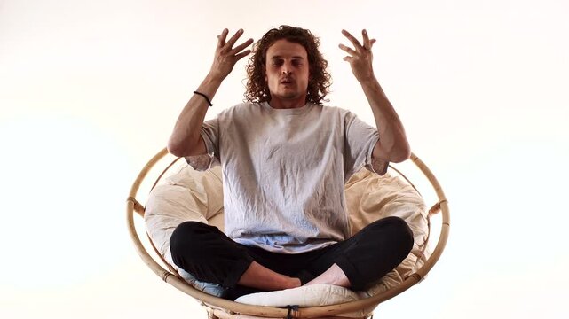 Full Body Man Meditating in Spiritual Mindfulness Pose on Circular Seat