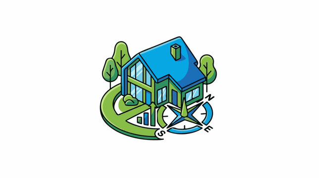 Stylized isometric illustration of a house with trees and compass