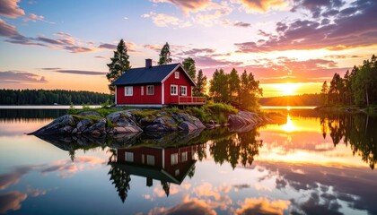 Obraz premium A picturesque red cabin sits on a rocky island in a serene lake during a vibrant sunset.