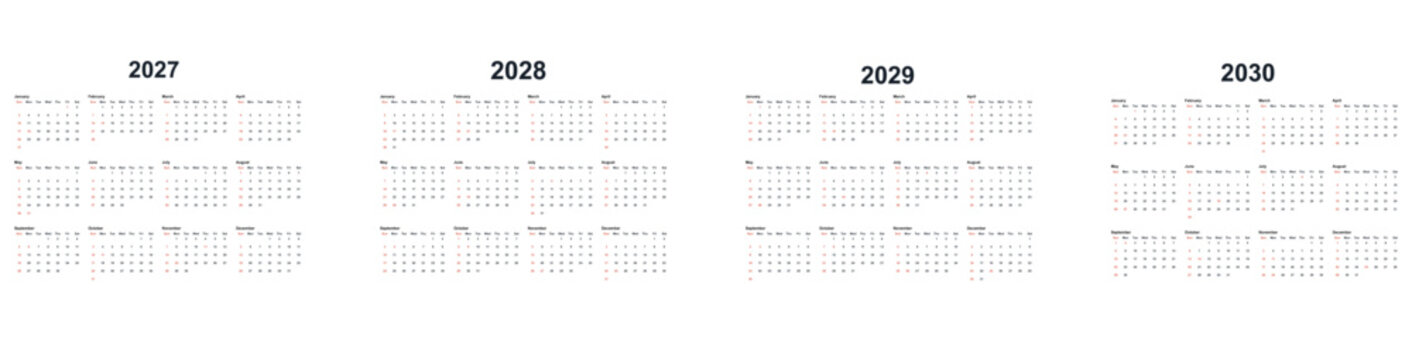2027-2030 Printable Wall Calendar, Editable Design Template for USA Canada Planner