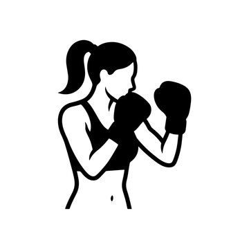 Black and white vector illustration of a female boxer wearing gloves in a fighting stance, perfect for fitness, gym, and martial arts branding.