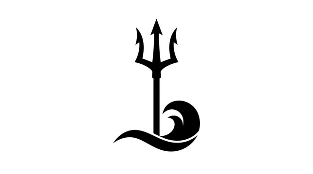 Minimalist black trident silhouette with stylized ocean wave