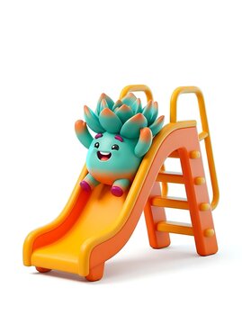 Cute cartoon plant character sitting on a toy playground slide