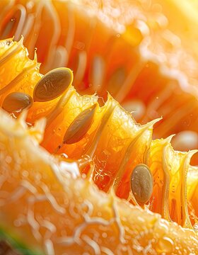 Extreme close-up of the inner flesh and seeds of a ripe orange fruit, glowing with warm sunlight.