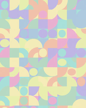 A cheerful abstract composition of overlapping circles, arcs, squares, and rectangles in soft pastel hues, creating a playful contemporary backdrop for branding and editorial use.