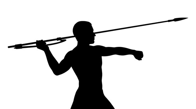 Silhouette of a man aiming a javelin spear against white background