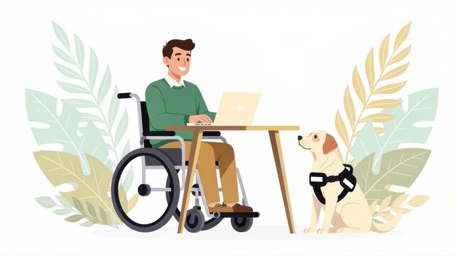 Man in wheelchair working on laptop at desk. Loyal service dog in harness sits beside the professional worker. Accessibility and inclusion concept, ideal for HR and disability awareness campaigns.