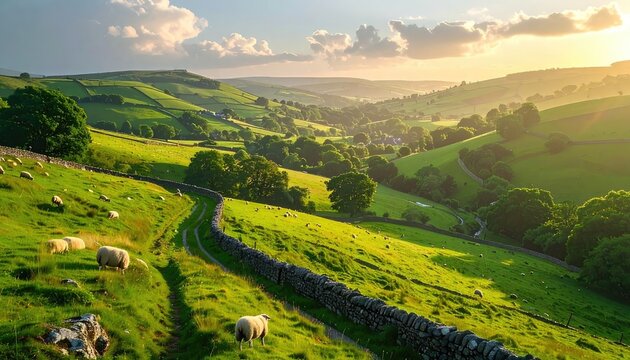 Rolling green hills dotted with sheep under a golden sunset sky.