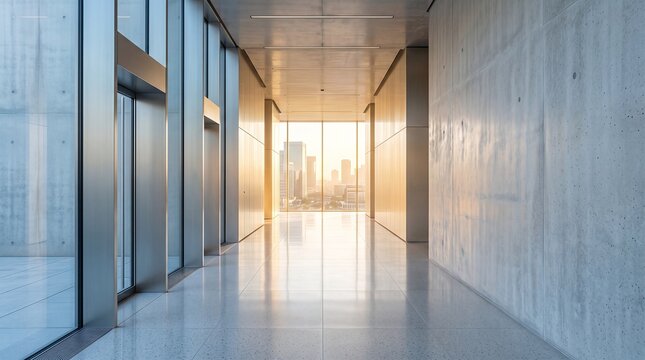 Modern building interior corridor with polished floor concrete walls and cityscape view through panoramic windows