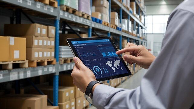 Logistics manager analyzing supply chain data dashboard on tablet inside warehouse storage facility. Concept of logistics analytics, inventory monitoring, digital warehouse management and technology d