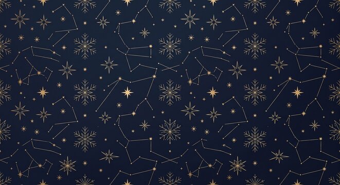 Elegant celestial seamless pattern with gold minimalist stars and constellations on dark navy background