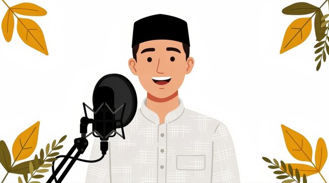 Muslim man recording with a studio microphone. Character wearing peci and koko shirt for podcasting. Islamic media production concept for digital content and radio broadcasting.