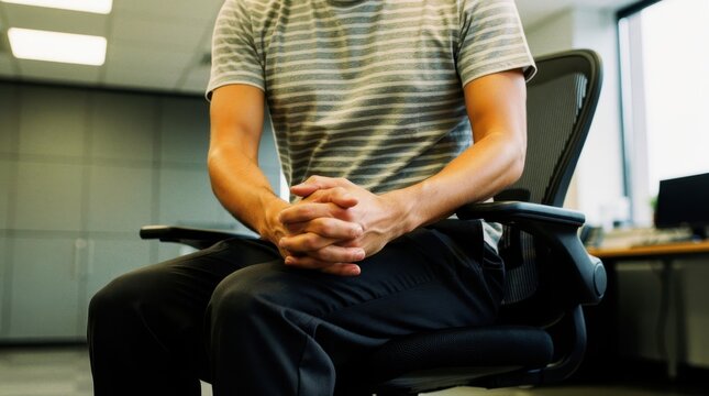 Man sitting in office chair with clasped hands. Person in striped shirt waits in professional workspace. Job interview or therapy concept, ideal for business stress and communication themes.