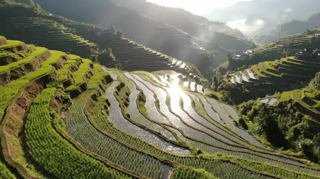 Panoramic view of the natural scenery of the mountain terraces, a picture of the terraces in the morning light