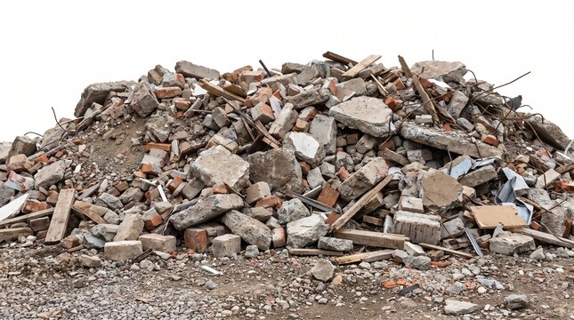 Large pile of demolition debris and construction waste on a worksite