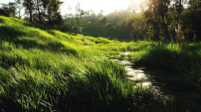 A serene landscape of a grassy hillside with a winding path at sunset