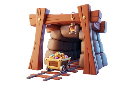 3D Cartoon Mine Entrance with Wooden Arch and Gold Ore Isolated on White Background