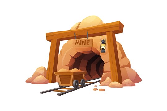 3D Cartoon Mine Entrance with Wooden Arch and Gold Ore Isolated on White Background