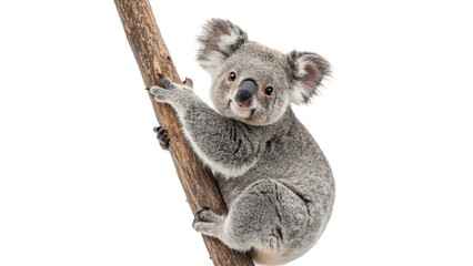 Cute fluffy gray koala bear sitting on a wooden branch isolated on dark background © Mia