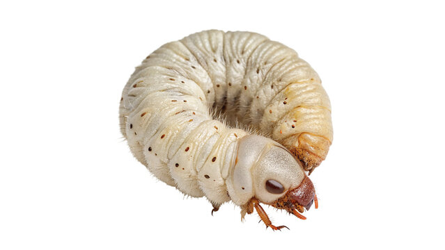 White insect pupa beetle larva macro shot isolated on dark background for biology