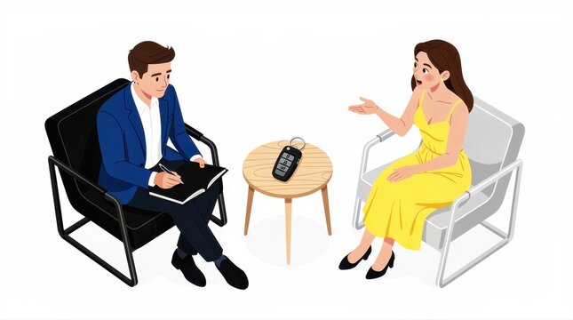 Man taking notes while woman discusses car purchase. Car key fob on table during automotive sales consultation. Car rental and insurance concept for marketing.