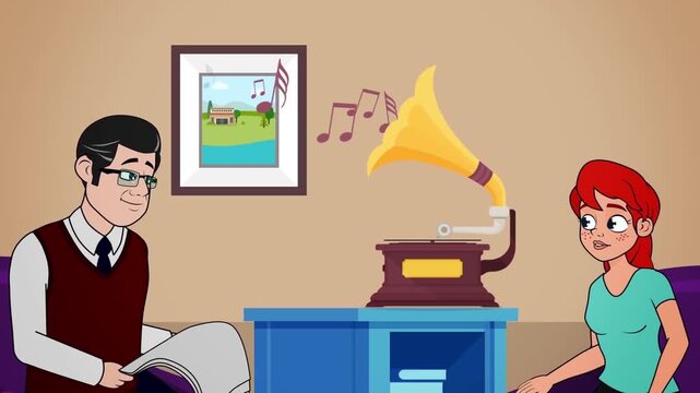 2D animation of an older man reading newspaper while a young woman listens to music near a gramophone vintage room