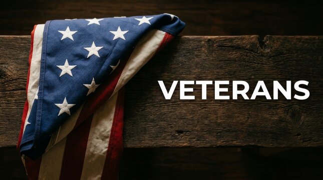 Tribute veterans featuring an american flag elegantly draped on rustic wooden table honoring their military service