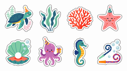 Obraz premium Cute underwater sea creature sticker set with colorful party hats, octopus, turtle, starfish, seashell, and party blowouts, concept for ocean birthday celebration design, suitable for scrapbooking