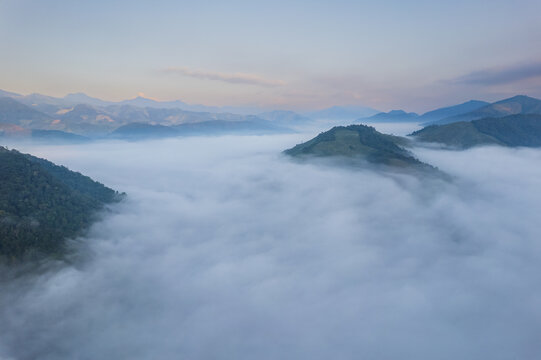 Mist enveloped Sa Pan village, The village in the valley of Nan province, Thailand.