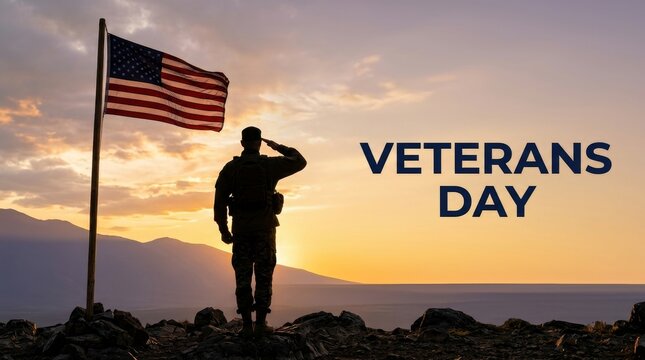 Honoring military service sacrifice while saluting american flag during beautiful sunset on veterans day