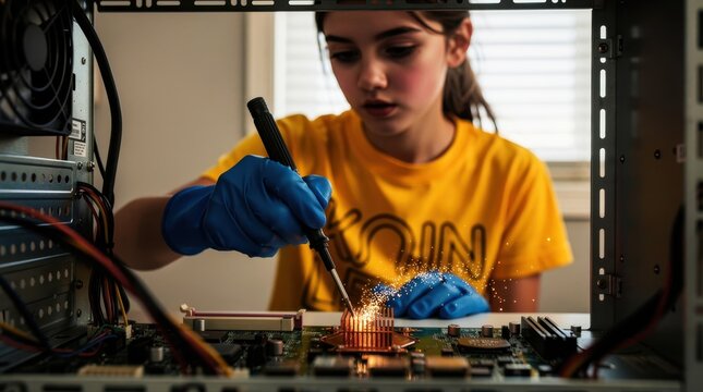 Young girl repairing computer motherboard with soldering tool. Student technician performs hardware maintenance inside PC case. STEM education and IT repair concept, ideal for tech training.