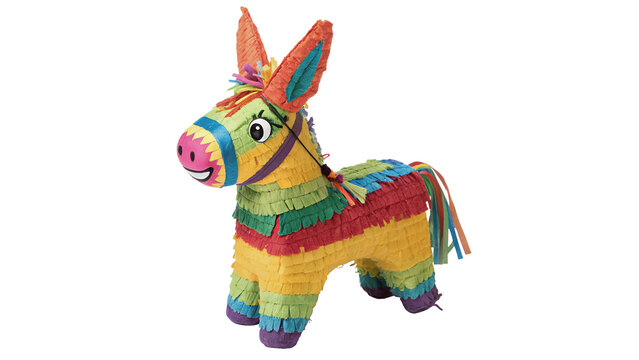Colorful traditional Mexican pinata donkey toy isolated on dark background for party designs