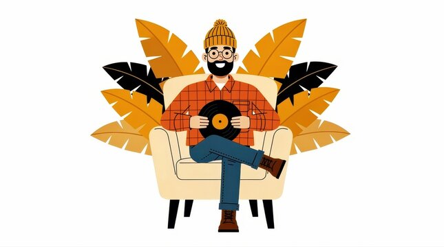 Man sitting in a chair holding a vinyl record. Hipster character with beard and beanie enjoying music lifestyle. Retro audio and hobby concept, ideal for music store branding and podcast art.