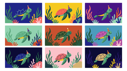Obraz premium Whimsical sea turtle vector set with colorful party hats swimming underwater among seaweeds, concept for festive marine birthday celebration, ideal for greeting card design, banner layout and party