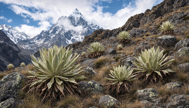 Giant espeletia plants growing on a rocky mountain slope with a snow-capped peak in the background, under a blue, sky with white clouds