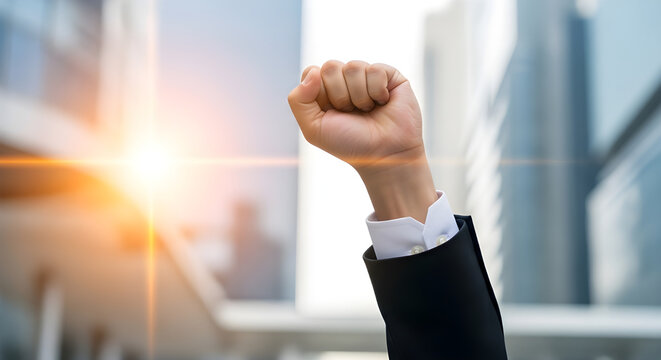 Business hand raised in a power fist gesture against a blurred modern city skyline background with bright sunlight flare effects