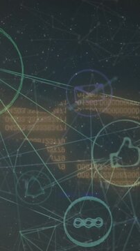 Animation of network of digital icons over security chain icon against blue grey background