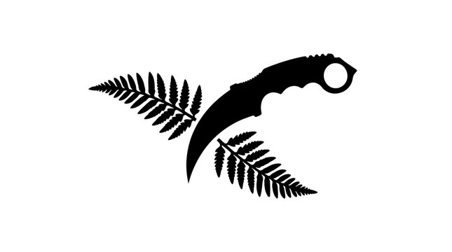 Karambit knife silhouette with tropical fern leaves on white background