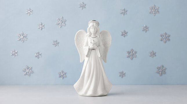 White porcelain angel figurine with snowflakes on light blue background