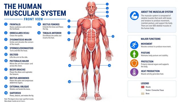 The Human Muscular System Front View Educational Anatomy Diagram